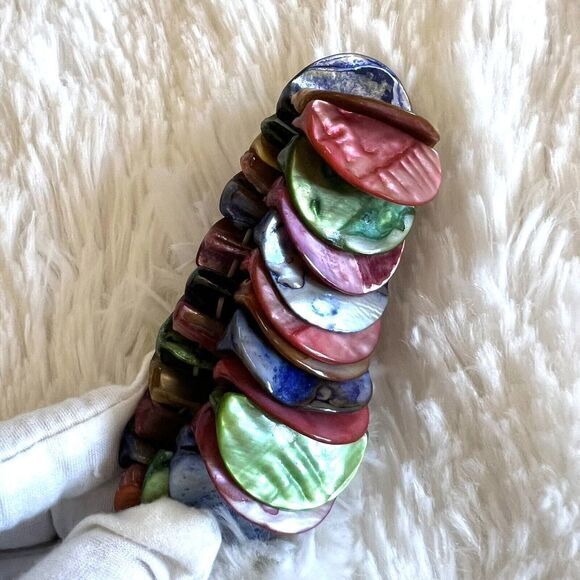 Abalone Shell Chunky Stretch Bracelet Iridescent Shell Mother of Pearl Multicolo - Picture 3 of 11